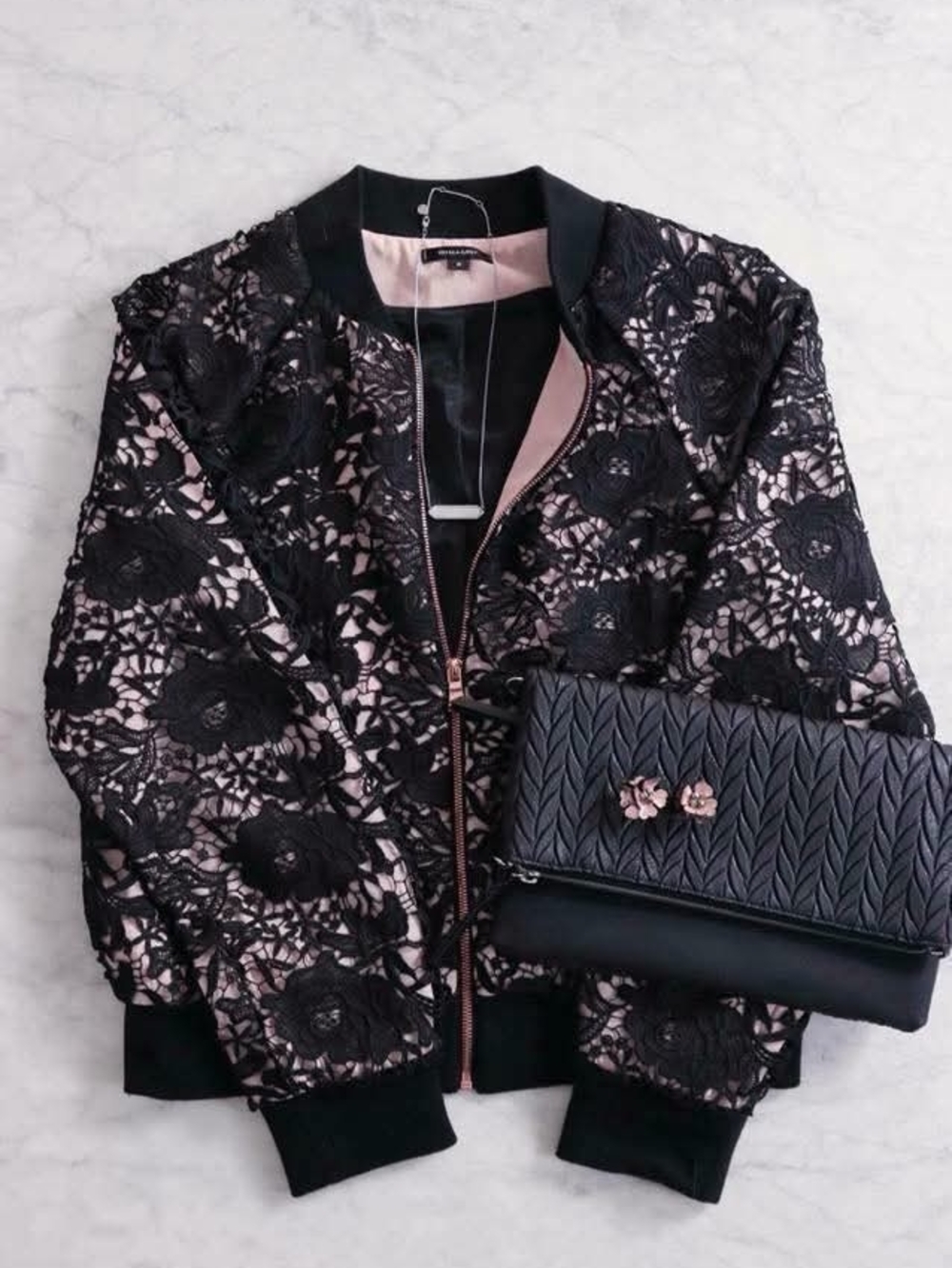 Stella & Dot Danielle Bomber Jacket  Black Lace with Blush Underlayer